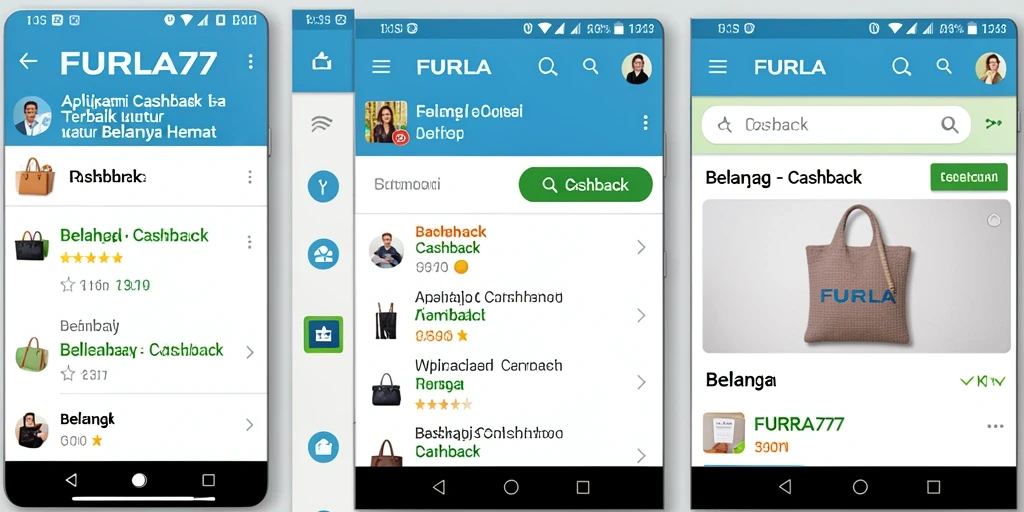 Tampilan antarmuka pengguna aplikasi FURLA77 menunjukkan berbagai penawaran cashback.